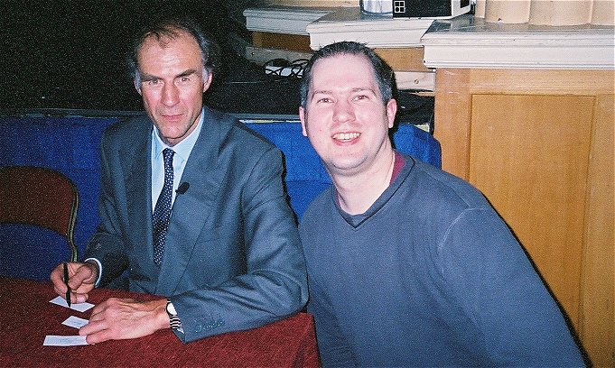 Adrian Jones - The Author [right], with world famous explorer Sir Ranulph Fiennes. Chesterfield Winding Wheel Theatre 19/11/2003.
