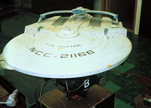 U.S.S. Brattain model being prepared for filming for season 4 TNG episode 'Night Terroirs'.