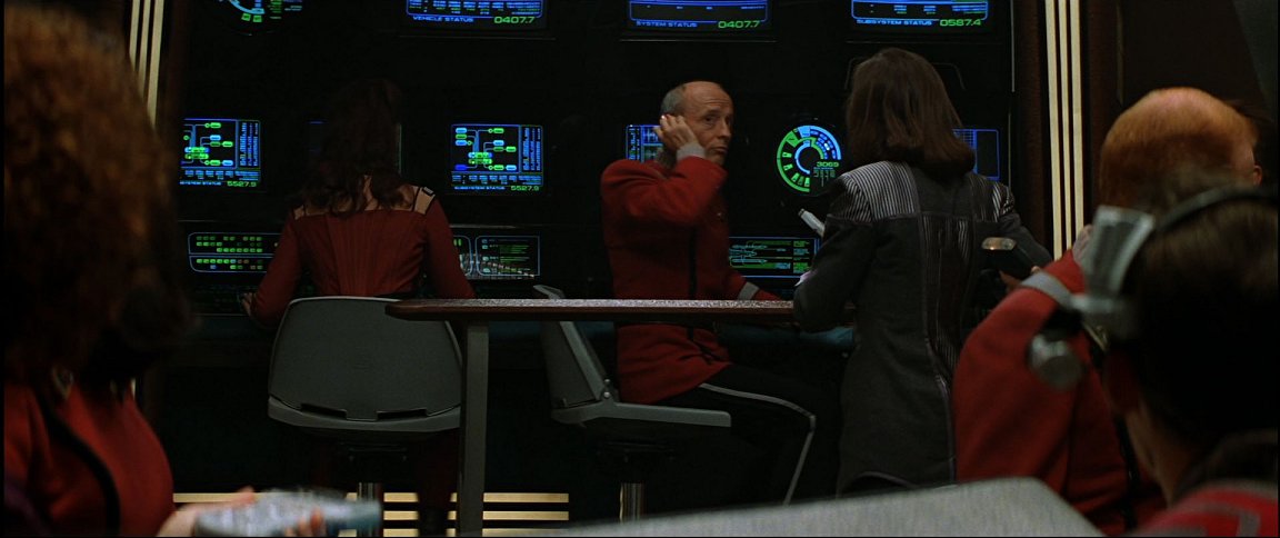 The communications station on the identical Enterprise-B bridge displays the clarity of modern bridge stations