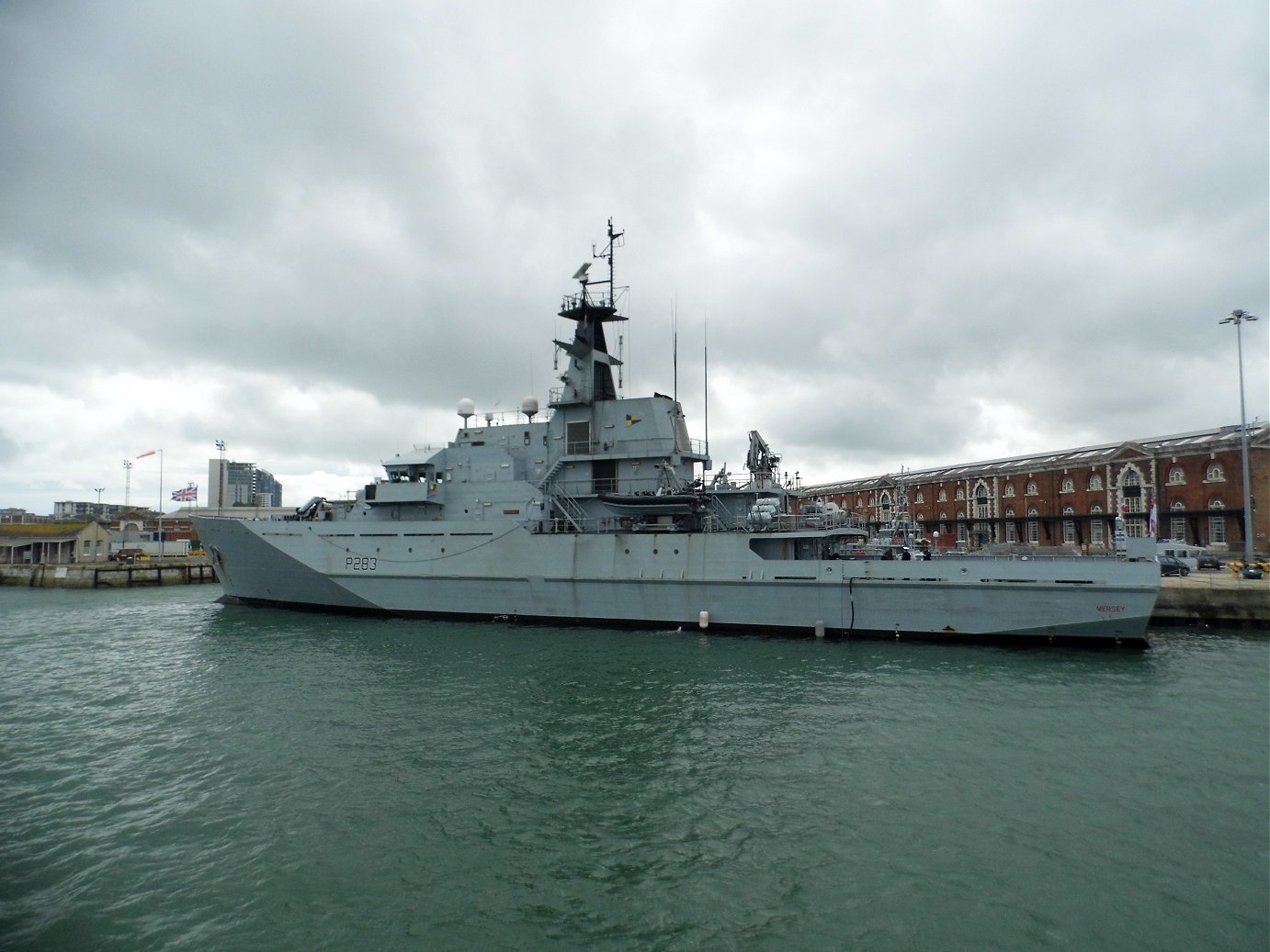 River class offshore patrol vessel H.M.S. Mersey at Portsmouth Naval Base 23 April 2019