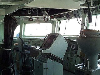 Bridge of HMCS Halifax. The Captain's chair is visible on the left of the image. Copyright Russ Price 2001. All Rights Reserved.