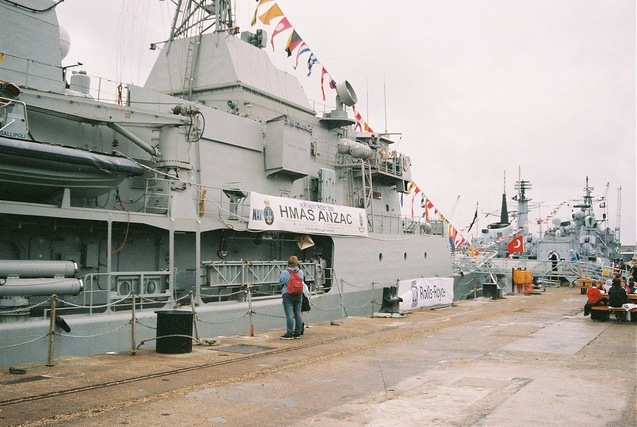 HMAS Anzac (FFH 150), the lead ship of the Anzac class frigates of the Royal Australian Navy (RAN), Trafalgar 200, Portsmouth 2005. 