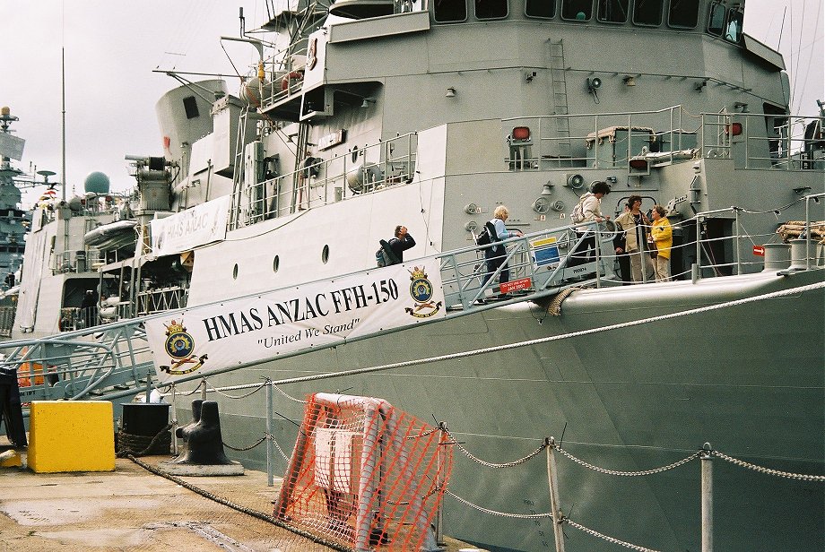 HMAS Anzac (FFH 150), the lead ship of the Anzac class frigates of the Royal Australian Navy (RAN), Trafalgar 200, Portsmouth 2005. 