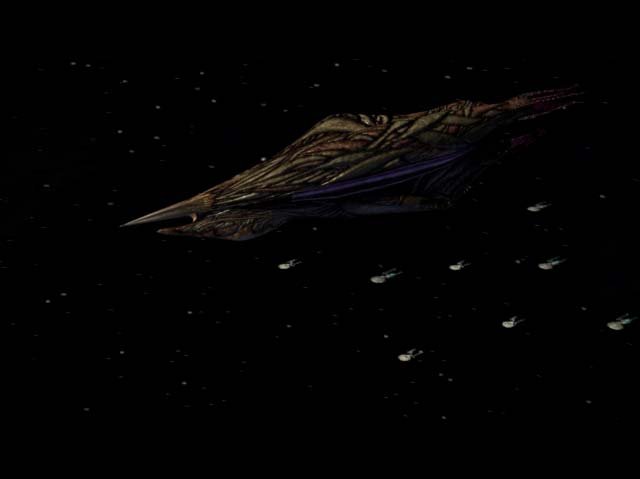 Metar ship with the Federation fleet in the background.